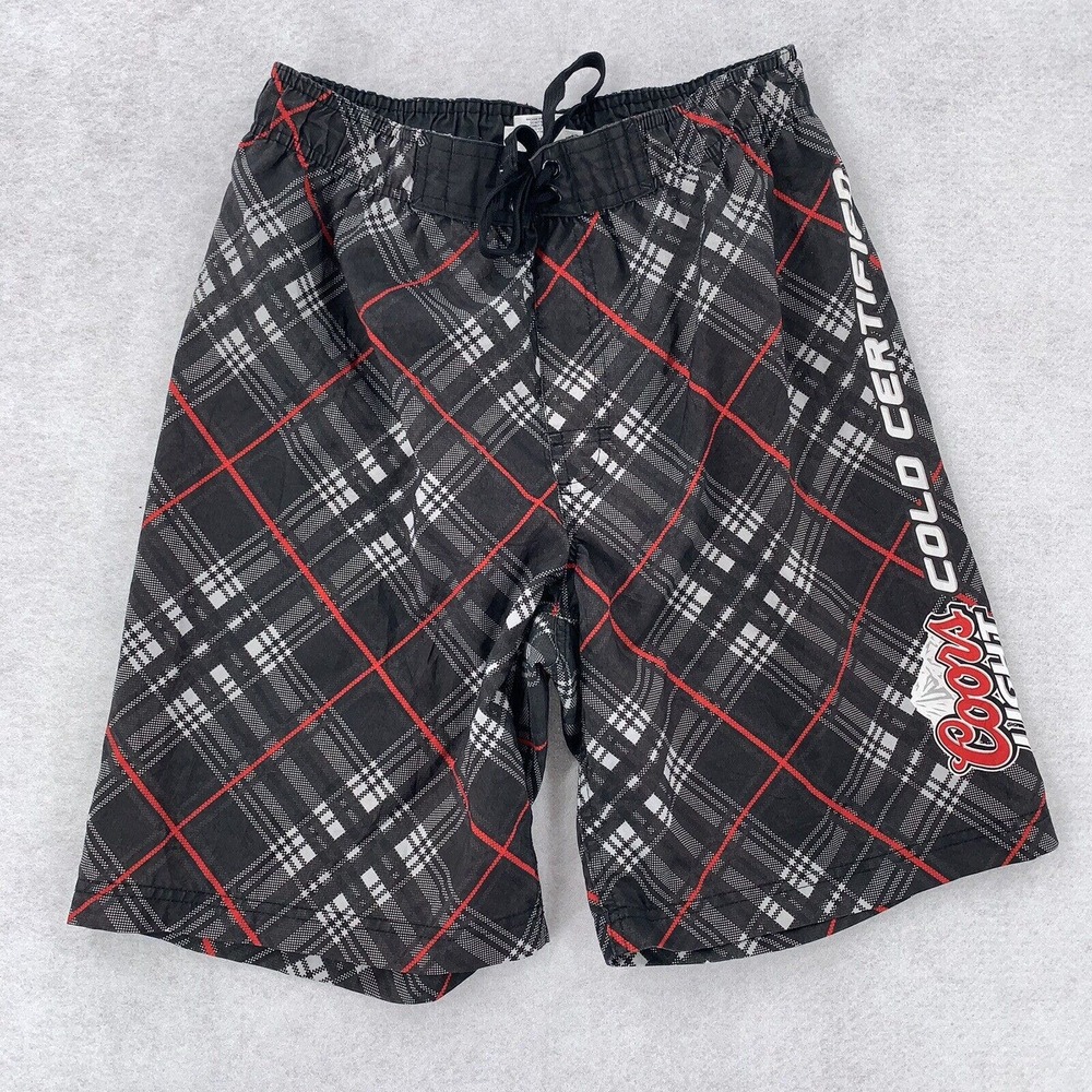 Coors Light Plaid BOARD SHORTS Black Gray Red‎ Swim Trunks Mesh Lined Mens S
